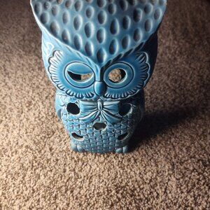 blue ceramic Owl bird votive tealight candle holder incense burner figurine